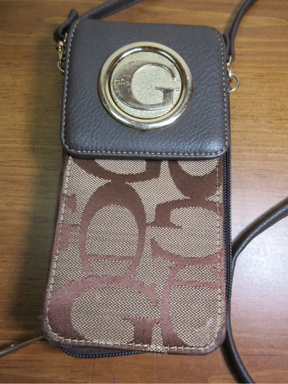 Brown Crossbody Phone Wallet with Gold Accent